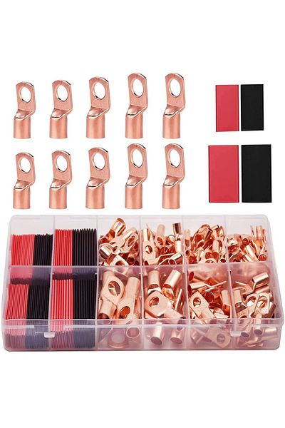 Choice 100pcs Copper Terminal Connectors, AWG 4 6 8 10 12 Ring Lug Kit With Shrink Tubing 50 Battery Cab...