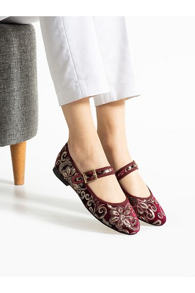 ALEMDAR AYAKKABI Gundy Burgundy Embroidery Detail Women's Ballerinas