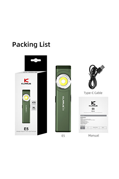 Choice مصباح يدوي قابل لإعادة الشحن E5 Green Klarus E5 EDC مزود بمنفذ USB للشحن وفانوس LED وبطارية ليثيوم أيون مدمجة