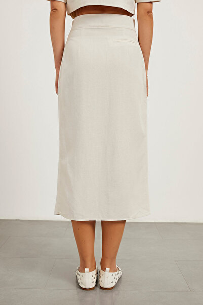 Arma Life Kadın Basic Düğmeli Uzun Keten Ekru Kalem Etek