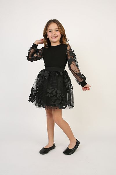 YCN TEKSTİL Black Butterfly Patterned Skirt/T-Shirt Girl's Top-Bottom Suit April 23 Show Clothes