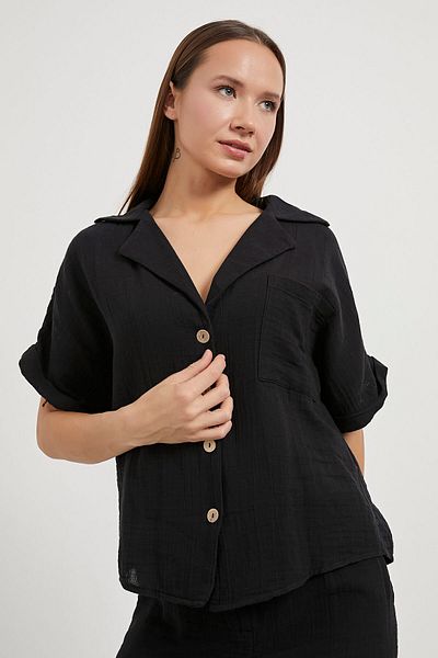 Arma Life Cămașă neagră oversize de damă, cu buzunare de muselină, cu nasturi