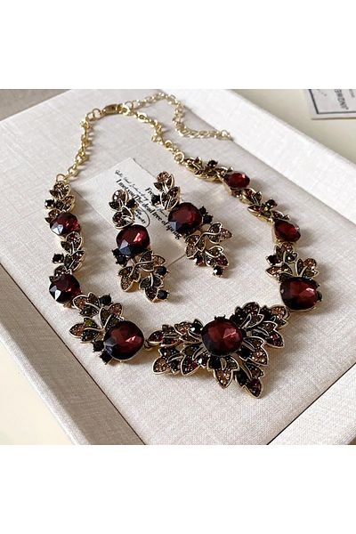 Choice brown Vintage Leaf Necklace Earrings For Women Brown Crystal Earrings Banquet Weddings Jewelry Sets