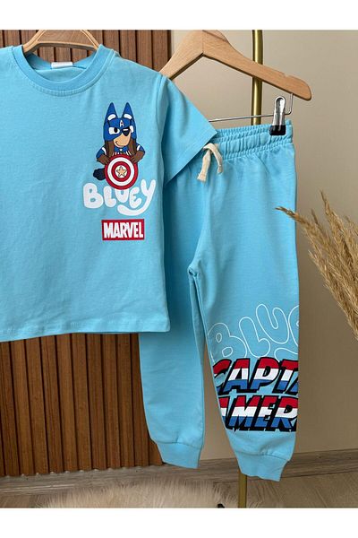 Magu طقم للأولاد من القطن باللون الأزرق المطبوع عليه Bluey & Marvel - بطابع كابتن أمريكا