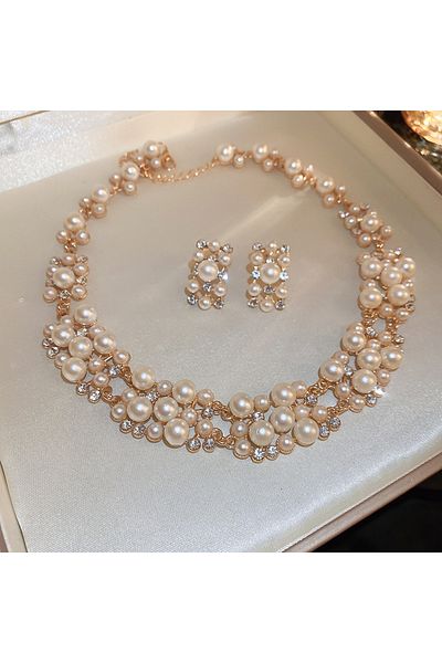 Choice set 2 Pcs Imitation Pearl Rectangular Rhinestones Necklaces Stud Earrings for Women French Retro Cho