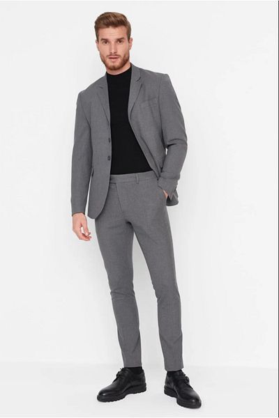 Pierre Cassi Men's Trousers Gray Slim Fit Pipe Leg