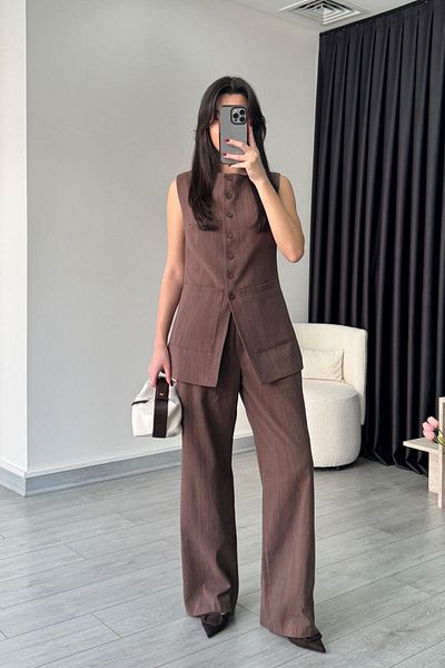 ECEMİ Pocket Detail Brown Linen Vest Trousers Set