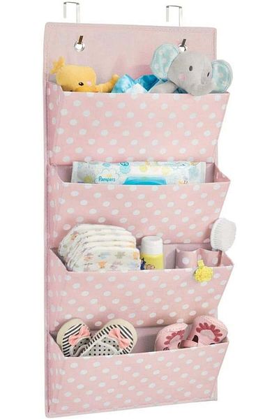 MDesign Hanging Organizer With 4 Pockets, Textile, Pink/White, 101.6 X 33 Cm