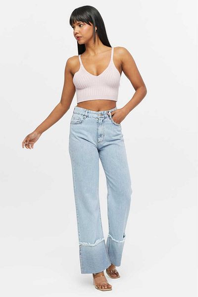 SHEVEGA Women's Light Blue Embroidered Reverse Leg Tassel Wide Leg Jeans Jeans Pants