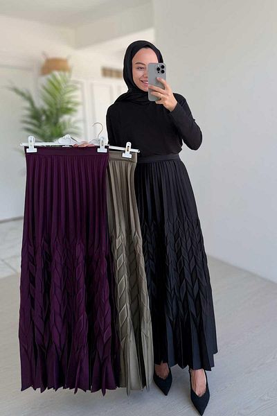 Ka Hijab Self Patterned Pleated Skirt - Black