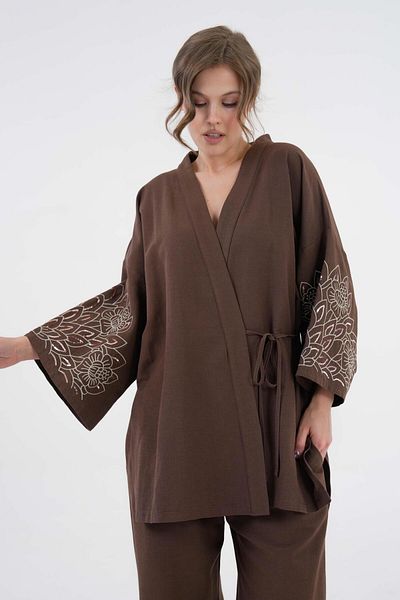 minaaise Women's Coffee Sleeves Sequin Sequins Embroidered Linen Kimono Jacket and Pants Bottom/Top Set 21061