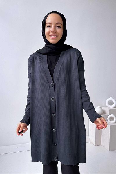 Ka Hijab Button Ribbed Mercerized Cardigan - Anthracite