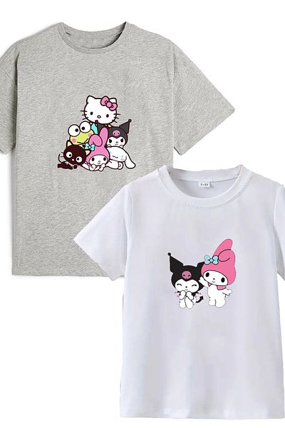 makiteks 2 Πακέτα Ποιότητας Βαμβακερό Χτενισμένο Μπλουζάκι για κορίτσια με στάμπα 5 6 7 8 9 10 11 12 13 14 ετών Lilo Kuromi Hello