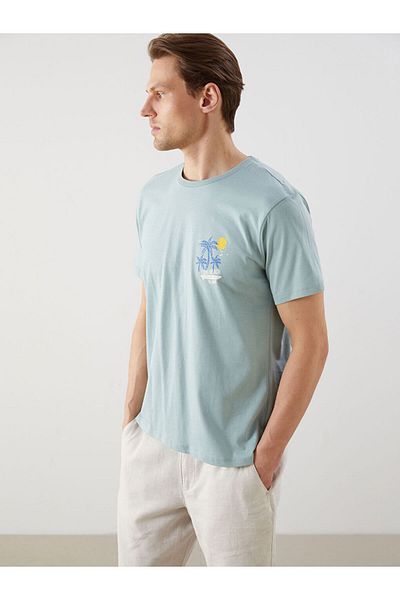 LC Waikiki Blue Crew Neck Short Sleeve Printed Combed Cotton Men's T-Shirt