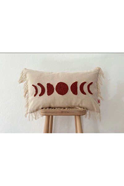 ÖZDEDE HOME AY FİGÜRLÜ PÜSKÜLLÜ KETEN PUNCH KIRLENT YASTIK İÇ DOLGULU