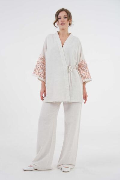 minaaise Women's Natur Sleeves Sequin Sequin Embroidered Linen Kimono Jacket and Pants Bottom/Top Set