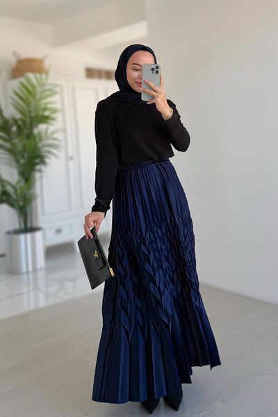 Ka Hijab Self Patterned Pleated Skirt - Navy Blue