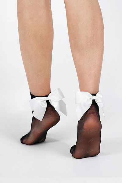 Sofya Passion Femei Fit 15 Thin Glossy White Bow - Șosete de damă negre, elastice și durabile