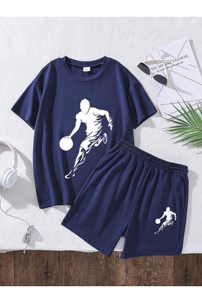 MORNİNG KİDS Boy's Navy Blue Basketball Player Printed Combed Cotton Shorts-T-Shirt Set