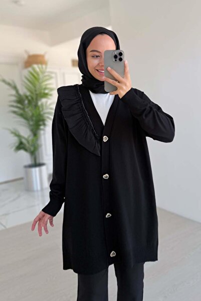 Ka Hijab Black Shoulder Ruffle Mercerized Cardigan