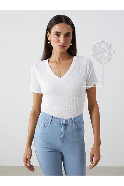 LC Waikiki Ecru V-Neck Textured Women's T-Shirt