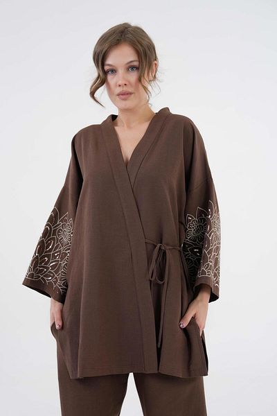 minaaise Women's Coffee Sleeves Sequin Sequins Embroidered Linen Kimono Jacket and Pants Bottom/Top Set 21061