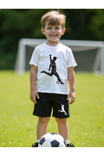MORNİNG KİDS Fiú fehér-fekete labdarúgó nyomott fésült pamut rövidnadrág Ti̇şört szett