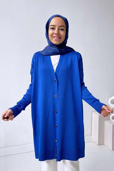 Ka Hijab Cardigan mercerizat cu nasturi albastru Saks
