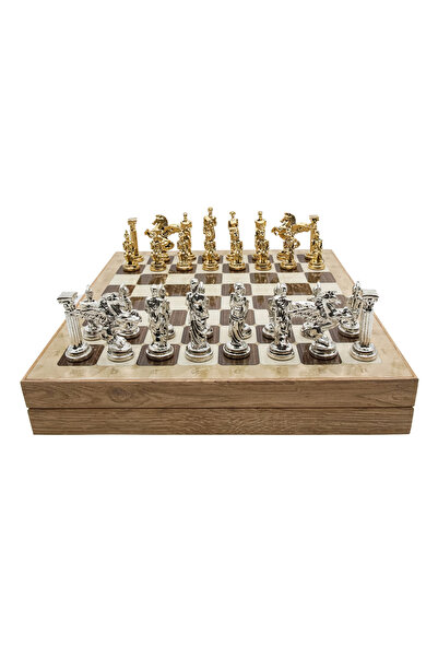 Cooper Chess 36cm Meşe Desenli Kutulu | Altın Metal Mitolojik Pegasus Satranç Takımı | Kişiye Özel Etiketli
