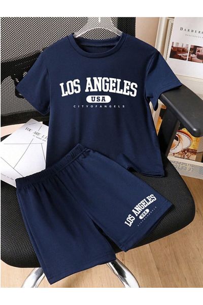 MORNİNG KİDS Boy's Navy Blue Los Angeles Printed Combed Cotton Shorts T-Shirt Set