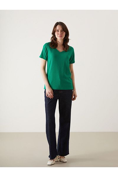 LC Waikiki New Season V-Neck Textured Women's T-Shirt - S5Fp60Z8