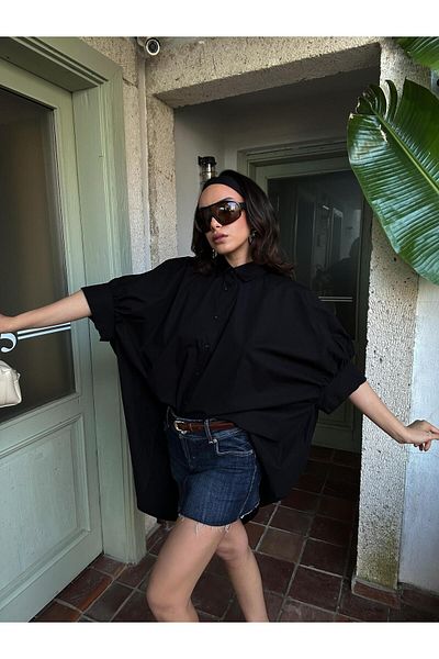 minaaise Rochie cămașă oversize, neagră, cu design special, 100% bumbac, 29064