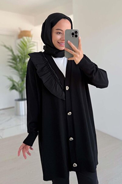 Ka Hijab Black Shoulder Ruffle Mercerized Cardigan