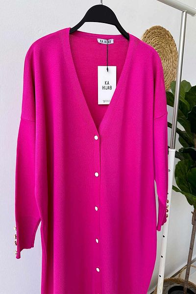 Ka Hijab Maxi Length Buttoned Mercerized Cardigan - Fuchsia