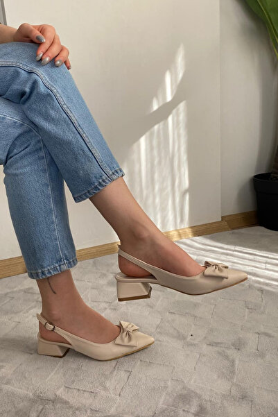 Preshley Pola Cream Skin Open Back Pointed Toe Bow Detailed 4 cm Heeled Shoes