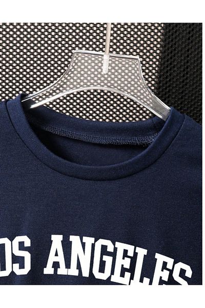 MORNİNG KİDS Boy's Navy Blue Los Angeles Printed Combed Cotton Shorts T-Shirt Set