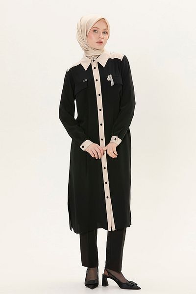 Setrms Double Color Long Tunic with Brooch Detail