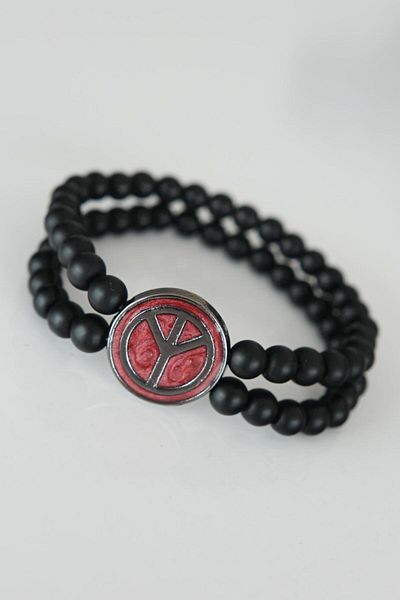Mu Art Ahşap Peace Figured Claret Red Color Double Row Onyx Natural Stone Men's Bracelet with Smoked Metal Accessories