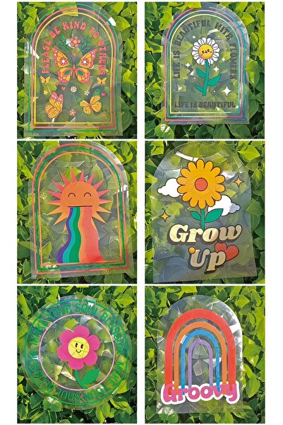 Buka Shops 6'lı Holografik Sun Catcher Pozitif Mesajlı Güneş Yakalayıcı Sticker Seti - Retro Çiçek ve Gökkuşağı