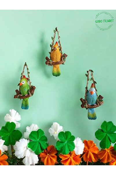 Gobo GoboTicaret 3 Adet Dekoratif Sallanan Duvar ve Bahçe Süsü Kuş Biblo Farklı Renk Seçenekleri 13*9 cm