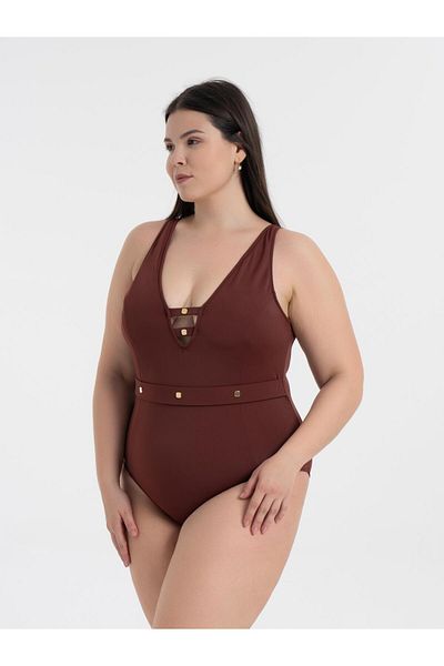 AQUAVİVA Aquaviva Women's Brown Plus Size Jenna Push up V Neck Eyelet Swimsuit