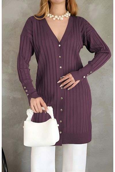 Modamorfo Metal Buttoned Slit Knitwear Cardigan - Burgundy