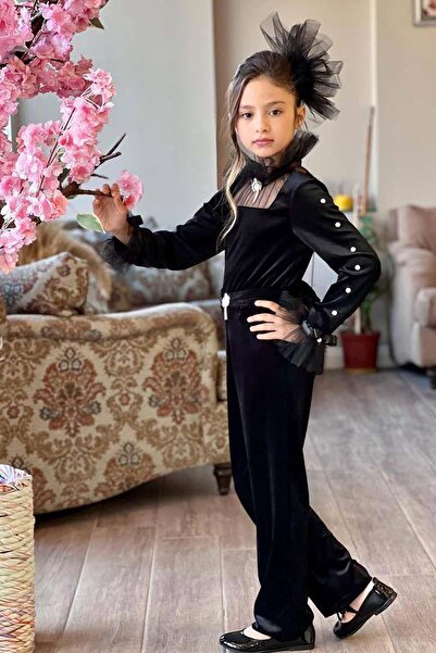 Riccotarz Girl's Sleeves Pearl Embroidered Collar Tulle Detailed Square Collar Velvet Black Jumpsuit