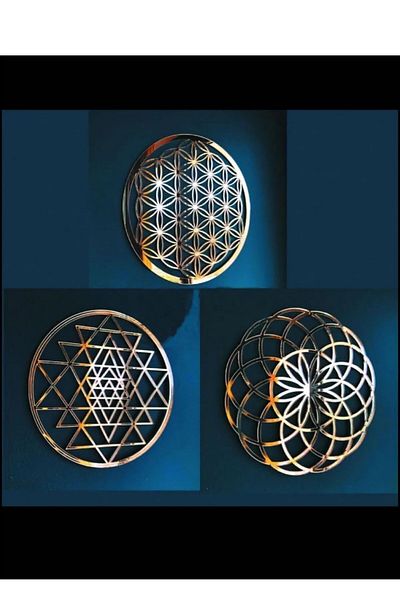 NT Handmade Gold Plexi 3 Pcs Flower of Life Wall Decor Painting Set for Living Room Living Bedroom Office Entrance Kitchen