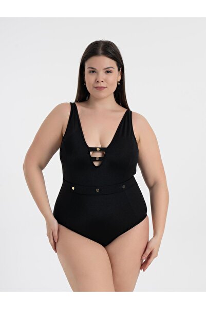 AQUAVİVA Aquaviva Kadın Siyah Büyük Beden Jenna Toparlayıcı V Yaka Kuşgözlü Mayo