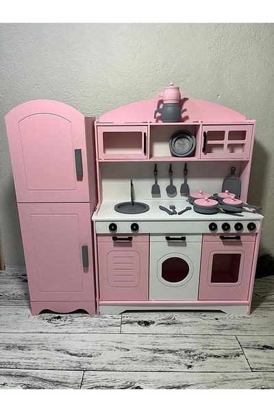 Özka Hobi Ahşap Özka Hobby Refrigerator with Pot and Pan Set and 14 Piece Service Set as a Gift