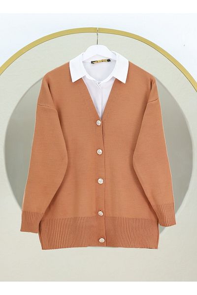 Modamorfo V-Neck Buttoned Knitwear Cardigan -Cinnamon