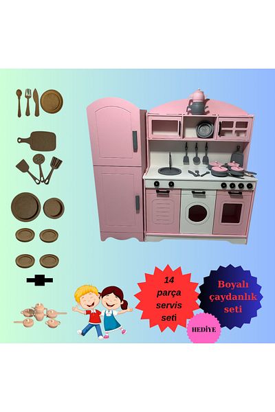 Özka Hobi Ahşap Özka Hobby Refrigerator with Pot and Pan Set and 14 Piece Service Set as a Gift