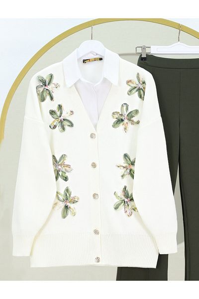 Modamorfo V-Neck Organza Tulle Floral Embroidered Knitwear Cardigan - Khaki
