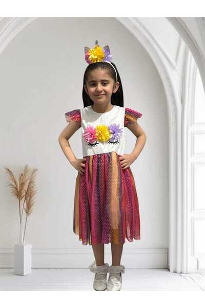 Db Kids KIZ ÇOCUK ÇİÇEKLİ TÜLLÜ TAÇLI KISA KOL ELBİSE